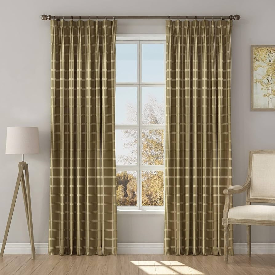 TWOPAGES Stefana Silber x 100 Inches Wide Pinch Pleat Curtain, Buffalo Plaid Taupe Khaki, Linen C... | Amazon (US)