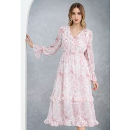 Spring Delight Ruffle Trimmed Chiffon Midi Dress in Pink | Chicwish