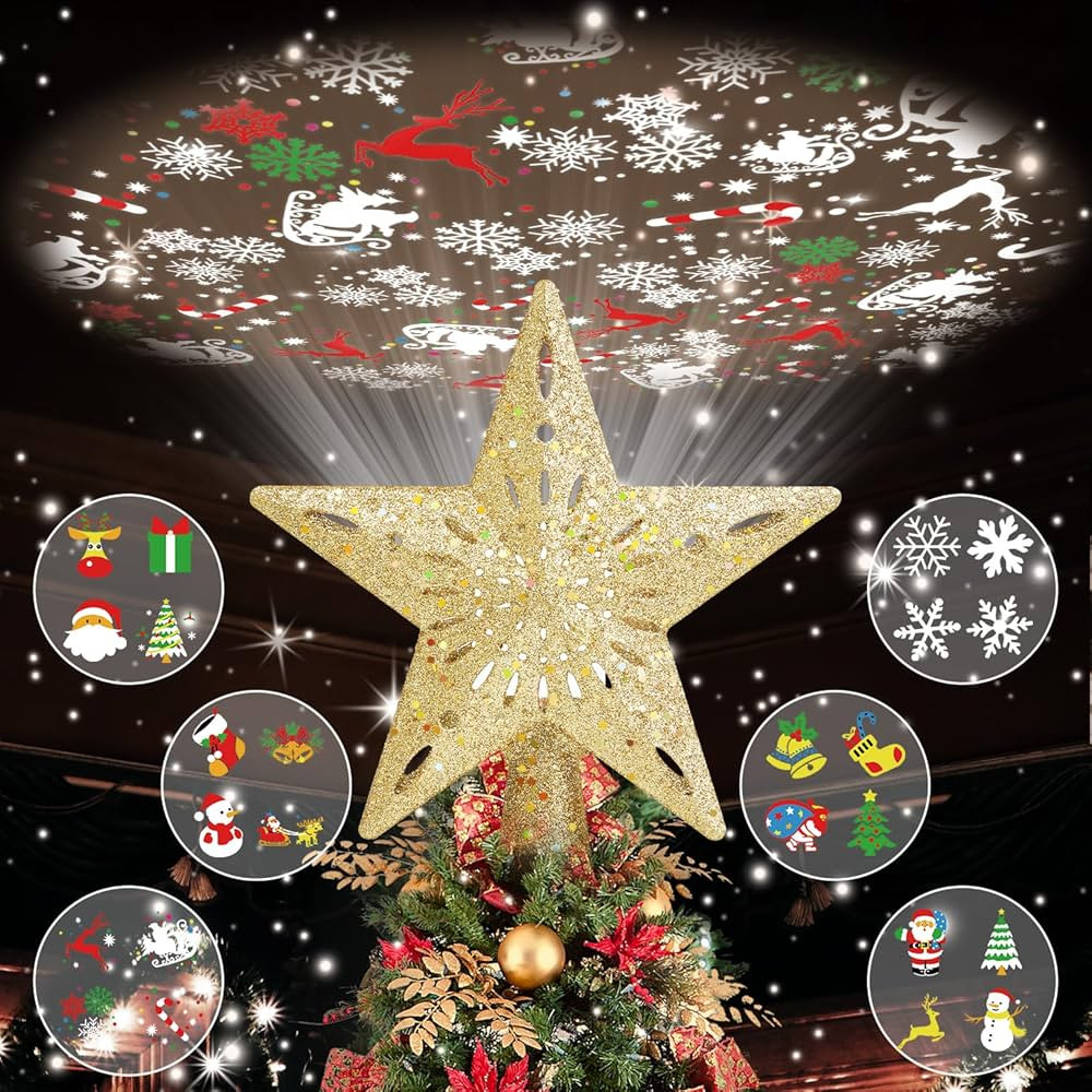 Christmas Tree Topper Lighted with 6 Projected Patterns, Christmas Star Tree Topper Built-in LED ... | Amazon (US)