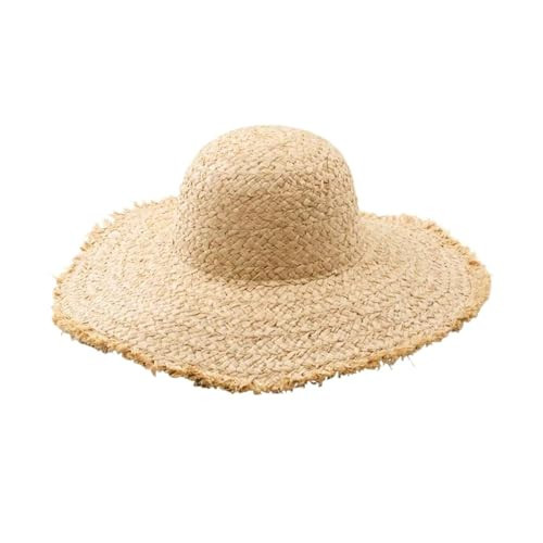 Women's Summer Beach Hat - Wide Brim Frayed Lafite Straw Sun Hat for Sun Protection & Vacation(Dome 13cm Raffia Wide Braid Bare) | Amazon (US)