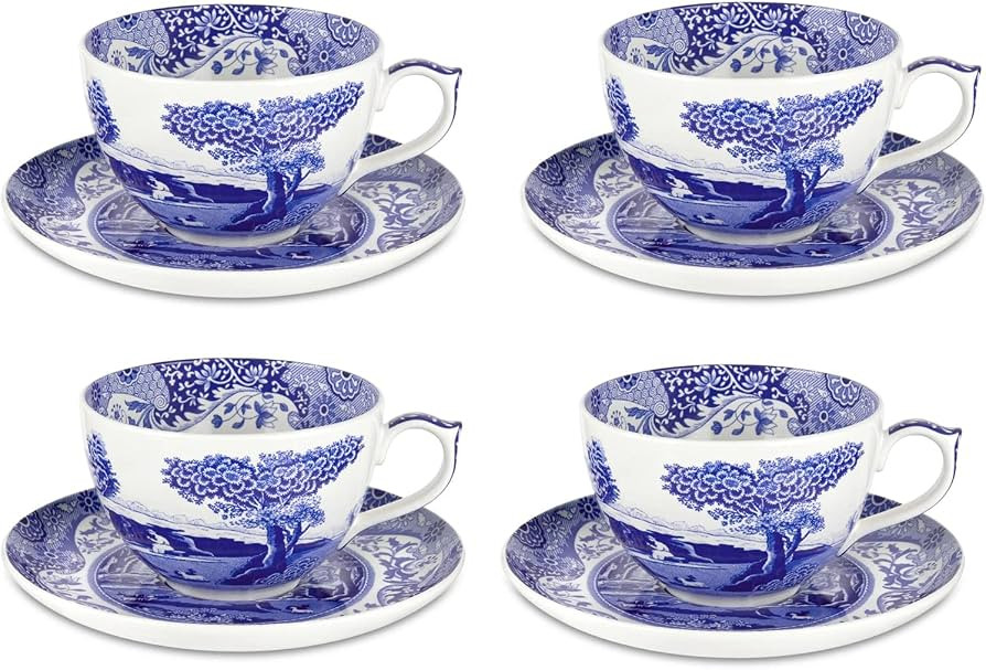 Blue Italian Teacups and Saucers | 7 Oz Cups for Coffee, Tea, and Hot Cocoa | Fine Earthenware | ... | Amazon (US)