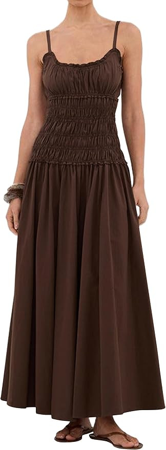 Womens Spaghetti Strap Smocked Maxi Dress Beach Flowy Sundress | Fit and Flare Scoop Neck Long Dr... | Amazon (US)