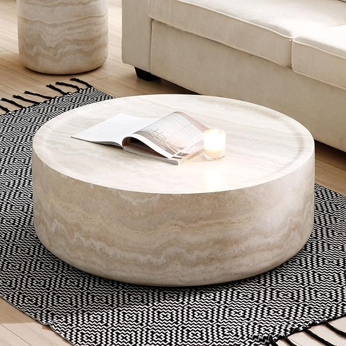 35.43'' Faux Marble Round Coffee Table,Modern Drum Center Table for Living Room,Office,No Assembl... | Amazon (US)