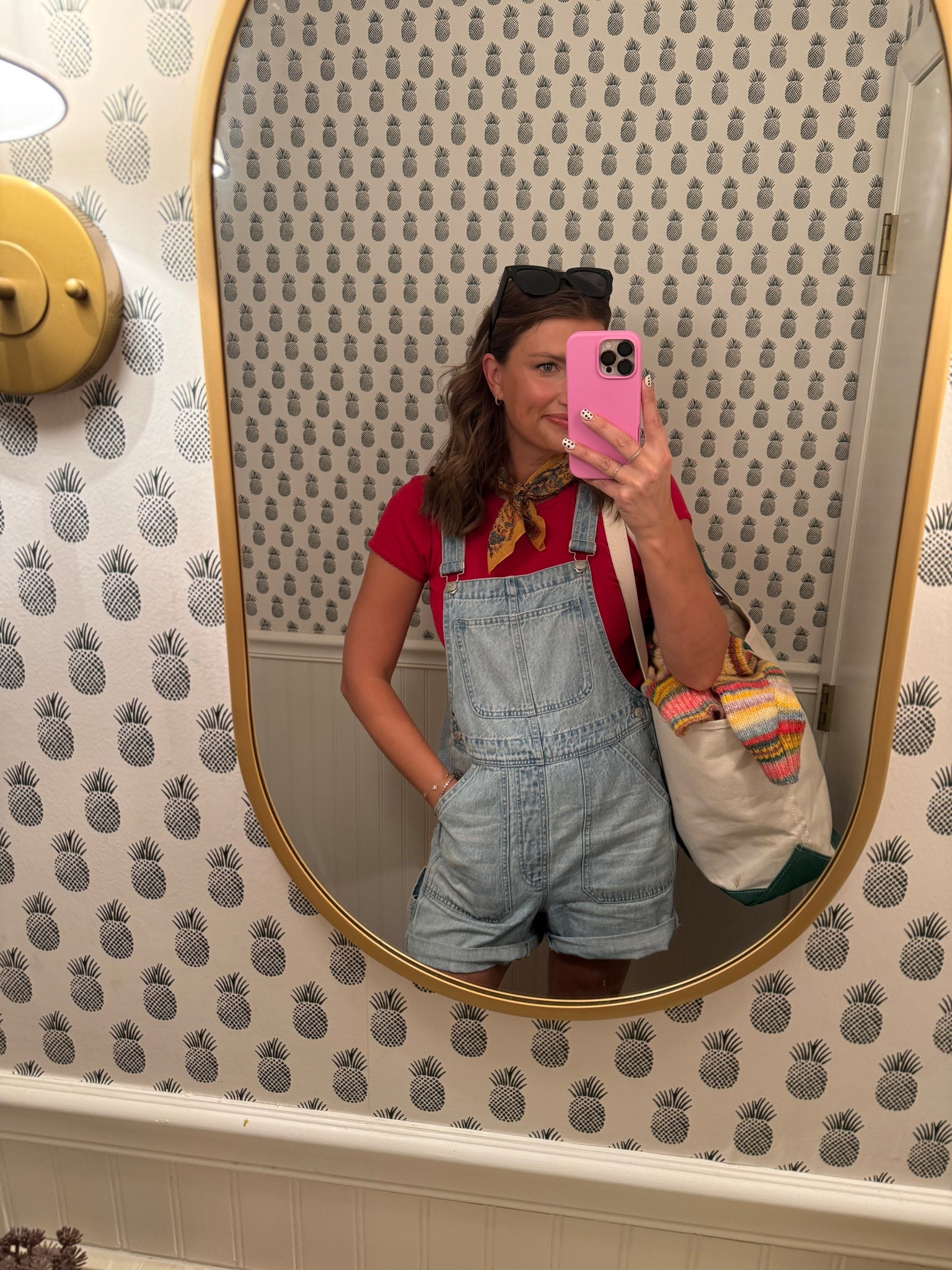 Shortalls + red pointelle shirt w a neck scarf ❤️

#LTKStyleTip #LTKFallSale #LTKFindsUnder50