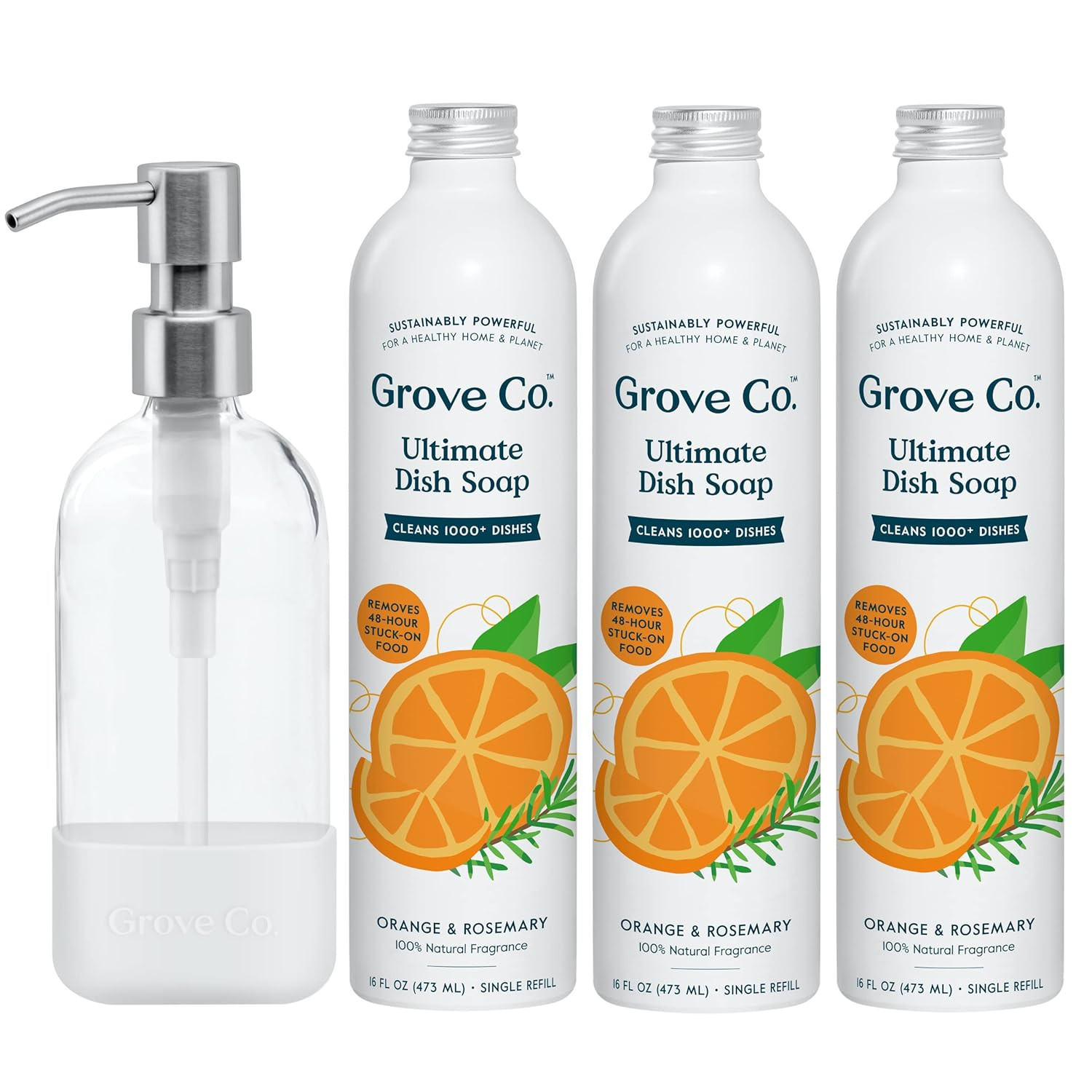 Grove Co. Ultimate Dish Soap Refills (3 x 16 Fl Oz) + Refillable Glass Dish Soap Dispenser for Ki... | Amazon (US)