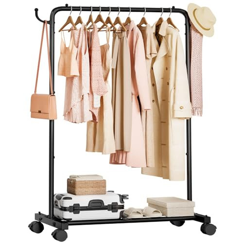 Homde Rolling Clothes Rack with Hooks: Standing Garment Storage for Indoor - Hanging Rod for Bedroom Laundry Room - Coat Dress Organizer on Wheels with luggage shelf (Black, 32") | Amazon (US)