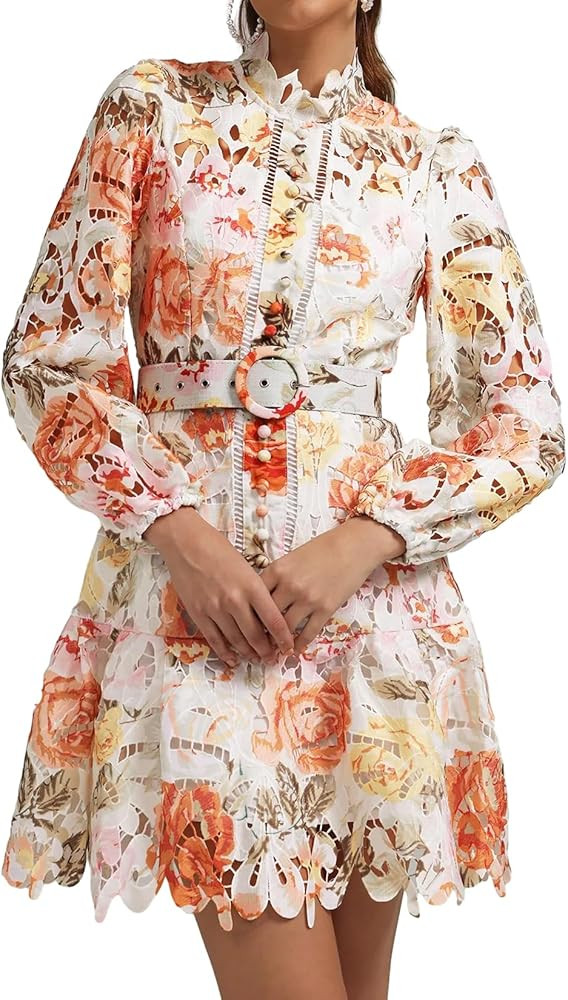 BELLA BARNETT White Printed Cutout Mini Mock Neck Long Sleeve Wrap Dress Elegant Women Fall Weddi... | Amazon (US)