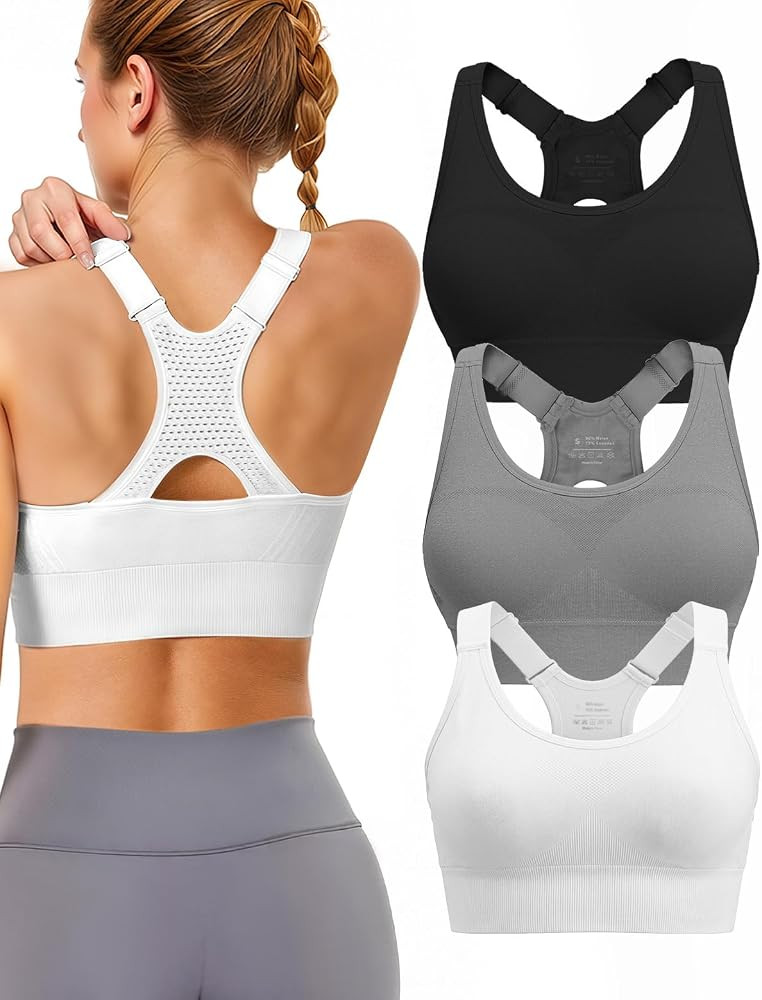 Adjustable Sports Bras for Women: 3 Pack High Support Padded Racerback Sport for Large Bust Workout Running Gym | Amazon (US)