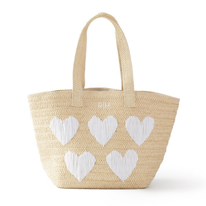 Hearts Embroidered Straw Beach Bag, Natural-White | Mark and Graham