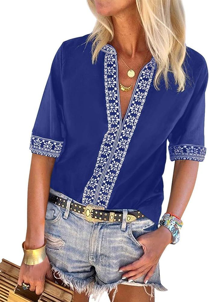 Women's Casual Boho Embroidered V Neck Short Sleeve Shirts Loose Blouse Tops | Amazon (US)