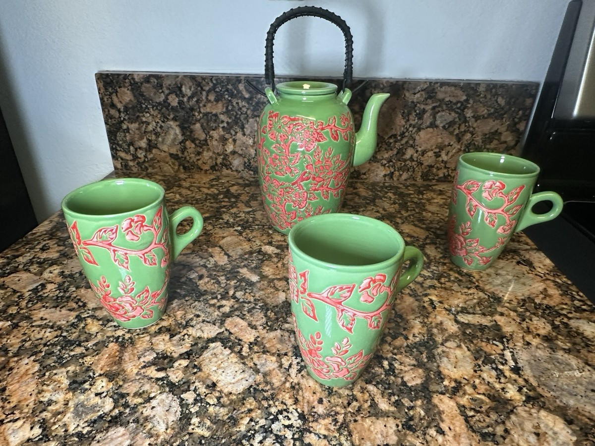 Tea Cup Set Hand Made From China Made In China Green And Red | eBay US