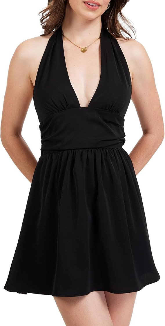 Women's Halter Neck Backless Mini Dress - Sexy Deep V Neck Chiffon Flowy Party Dress for Going Ou... | Amazon (US)