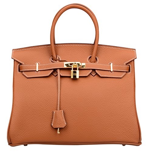 Ainifeel Women's Padlock Handbags with Golden Hardware (30 cm, Brown with white stitched) | Amazon (US)