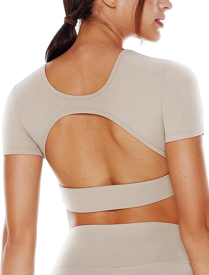 Open Back Workout Crop Tops for Women Backless Yoga Shirts Gym Short Sleeve Mild Support Compress... | Amazon (US)