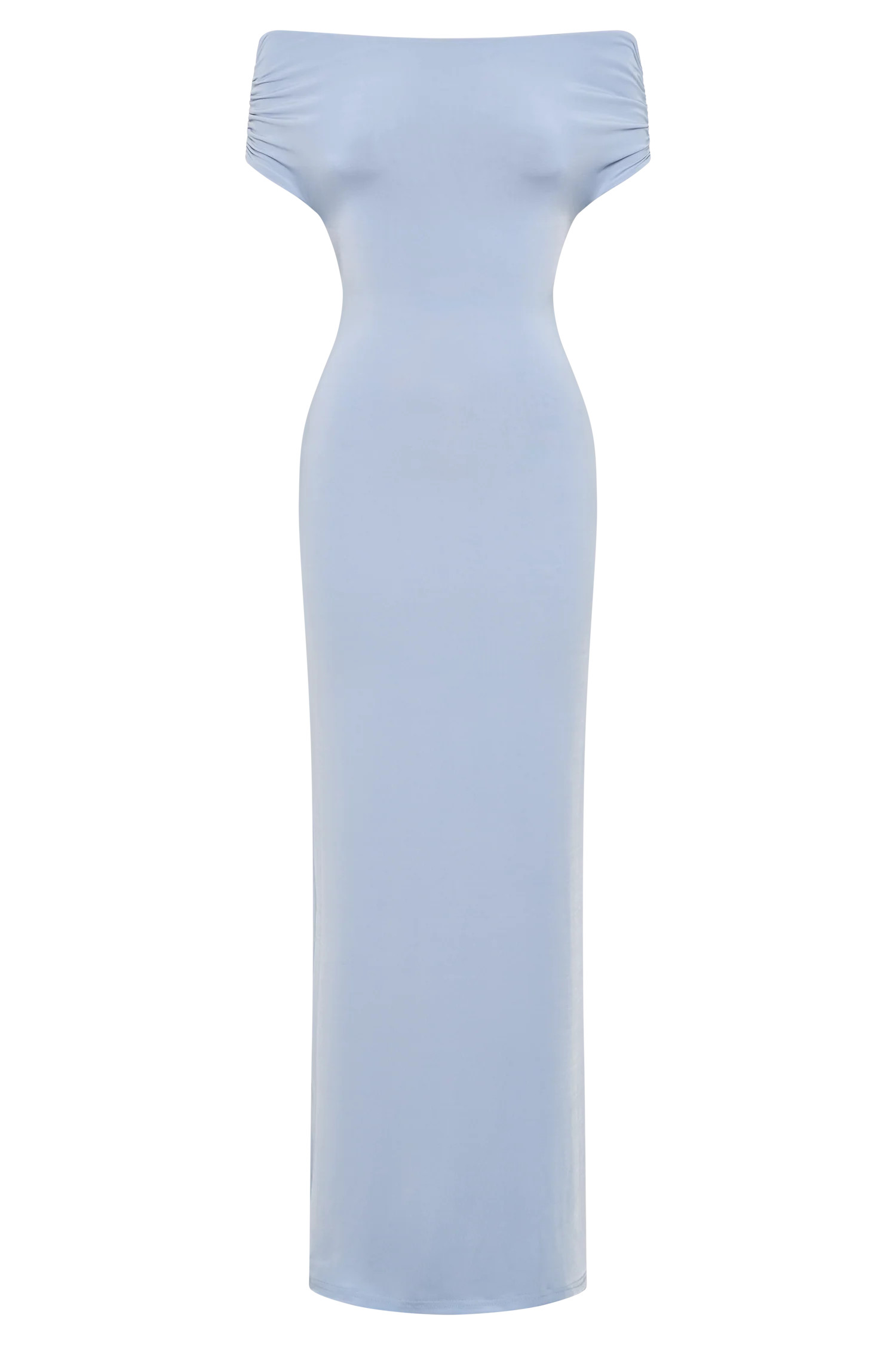 Imogen Off Shoulder Slinky Maxi Dress - Dusty Blue | MESHKI US