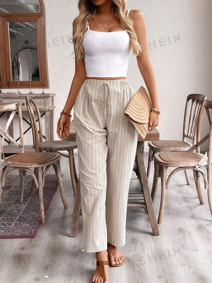 SHEIN Frenchy Women's Old Money Style Striped Tapered Vacation Casual Linen Pants,Frenchies  70s ... | SHEIN