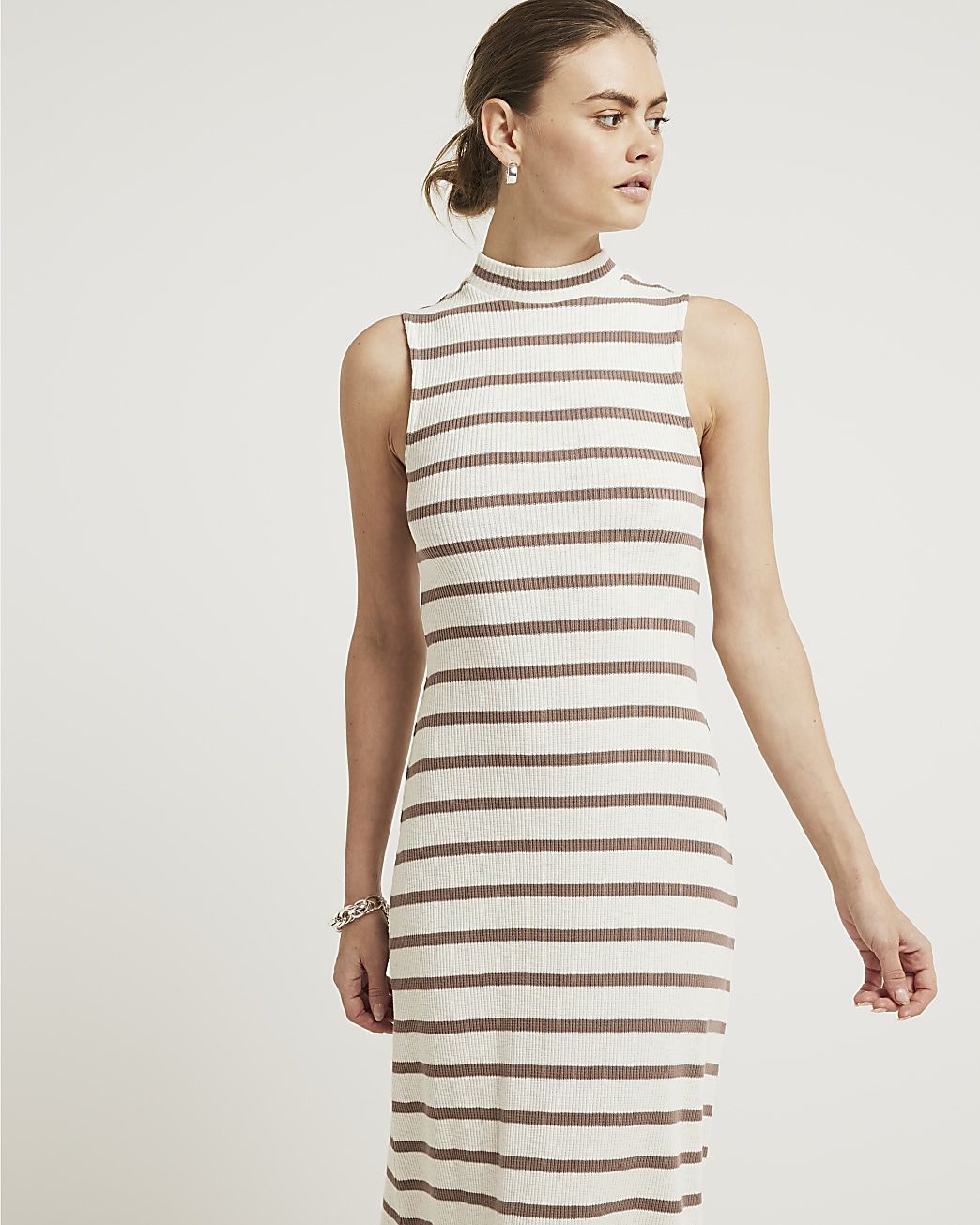 Beige stripe ribbed bodycon midi dress | River Island (UK & IE)