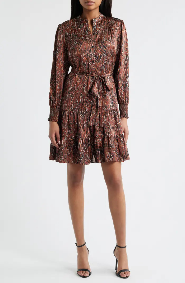 Julia Jordan Tiered Long Sleeve Tie Waist Button Front Satin Dress | Nordstrom | Nordstrom