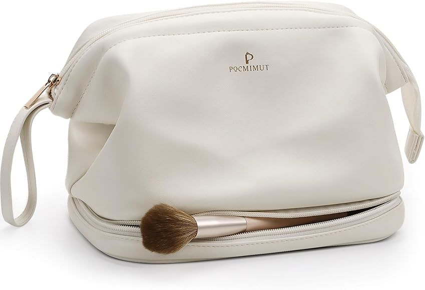 Pocmimut Leather Makeup Cosmetic Bag for Women 2-in-1 Portable Drawstring Travel Makeup Bag with ... | Amazon (US)