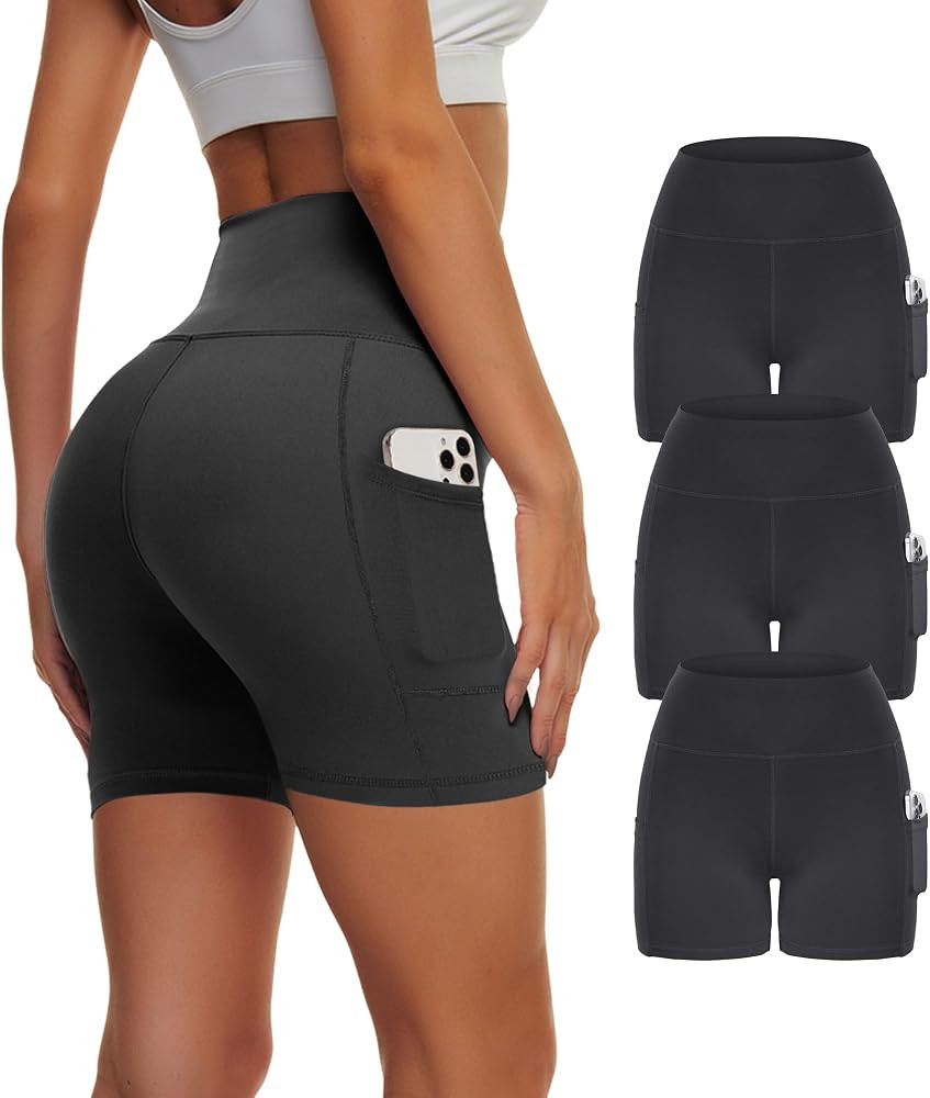 Showitty 3 Pack Biker Yoga Shorts with Pockets for Women, High Waist Tummy Control Workout Runnin... | Amazon (US)