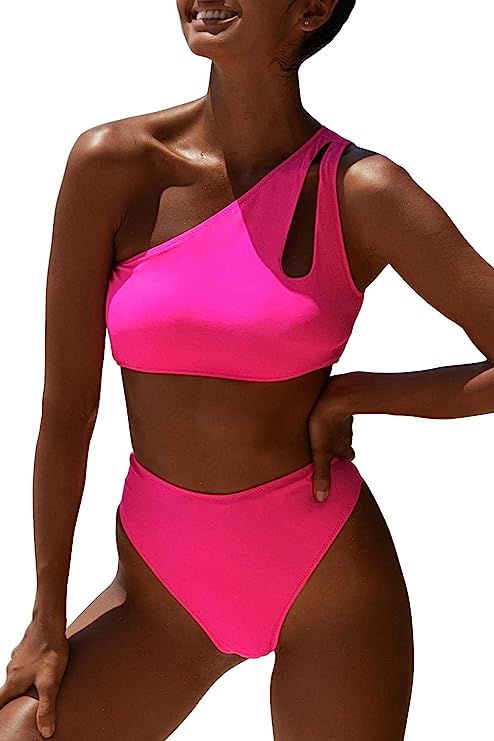 Womens Crop Top Swimsuit High Waisted One Shoulder Sports Bikini Two Piece Push Up Bathing Suit | Amazon (US)