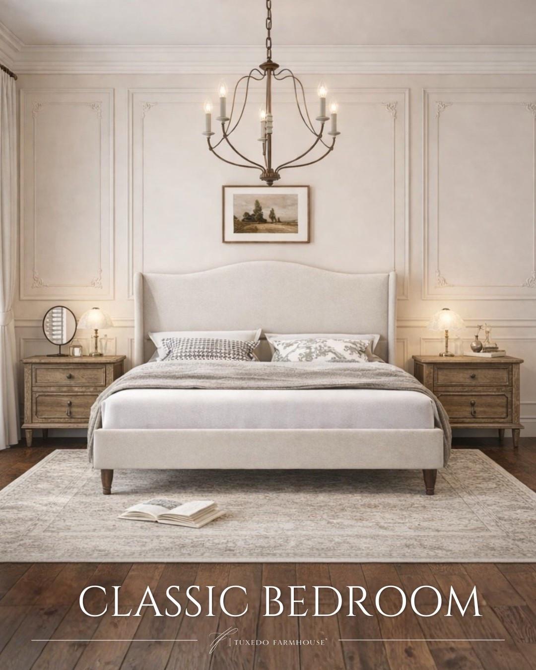 A bedroom designed to feel calm, collected, and beautifully lived in ✨
The softly upholstered bed sets a graceful foundation, layered with tailored linens and classic pillows that invite rest. Weathered wood nightstands add warmth and character, while the chandelier brings a touch of old-world elegance overhead. Thoughtful details and timeless silhouettes come together to create a space that feels serene, refined, and effortlessly comforting. 

 #LTKSeasonal #LTKHome