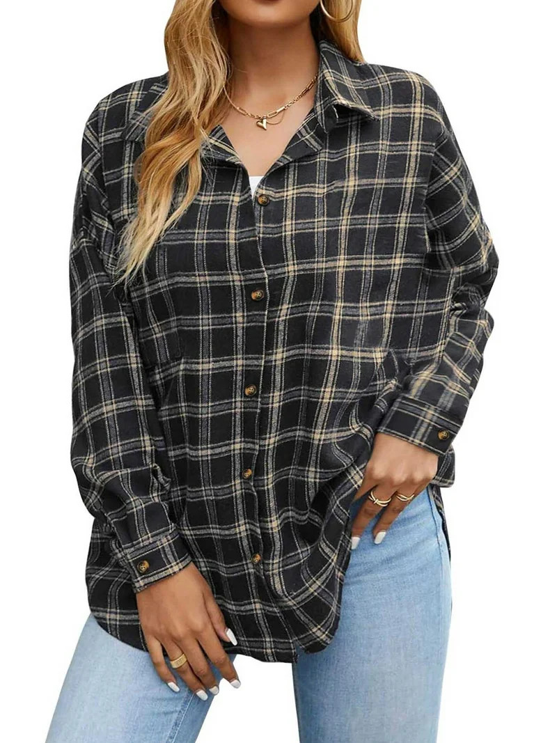 Fantaslook Plaid Flannel Shirts for Women Oversized Long Sleeve Button Down Shirts Blouses Tops | Walmart (US)