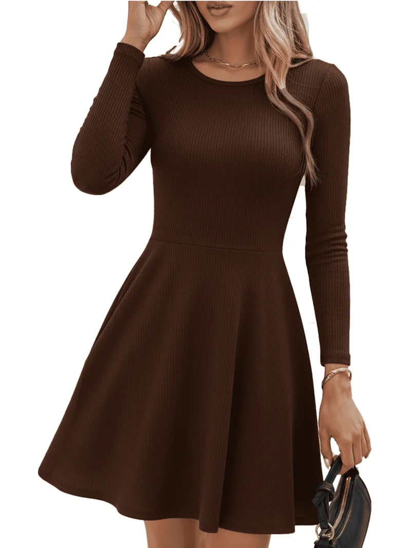 MLDRA Dress for Women Casual Long Sleeve Ribbed Knit A-Line Flowy Fall Winter Sweater Dress, Crew... | Walmart (US)