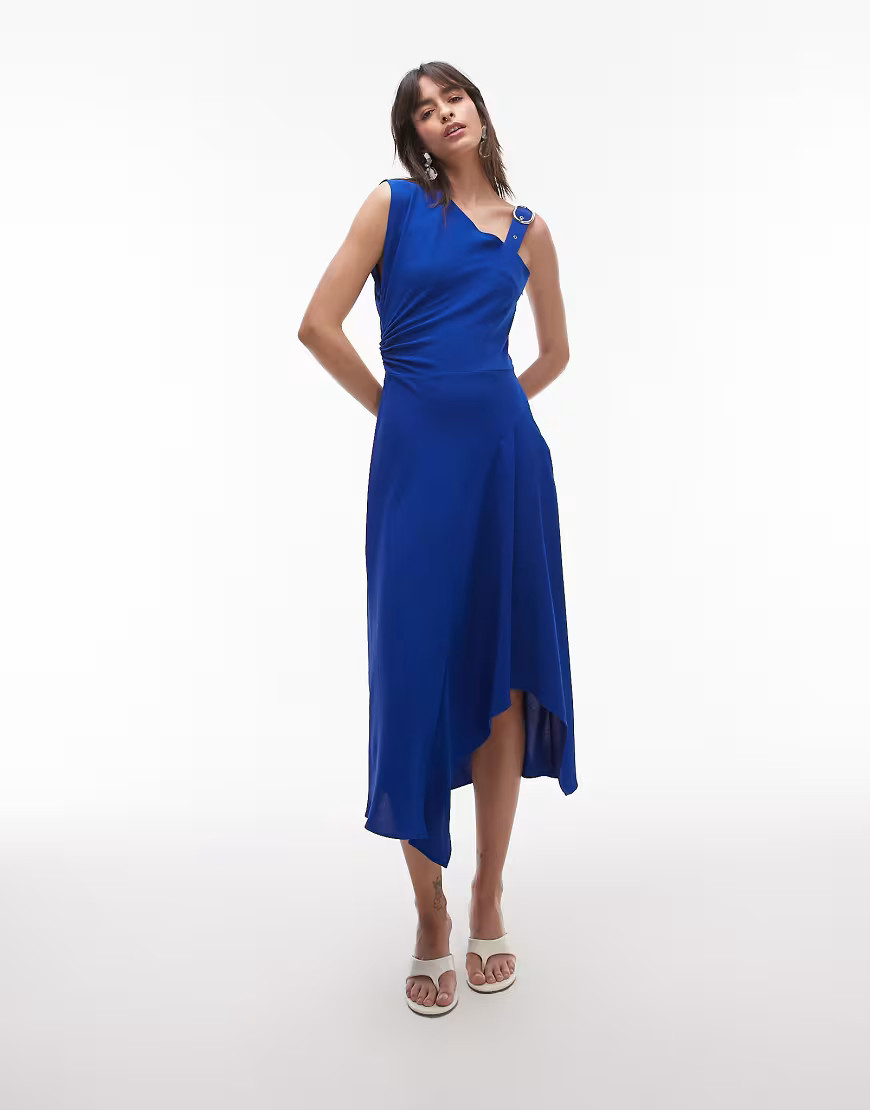 Mango asymetric midaxi dress with buckle detail shoulder in blue | ASOS (Global)