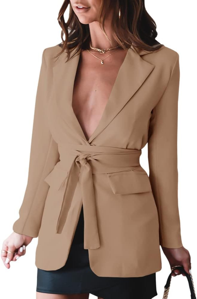 Langwyqu Womens Blazers Long Sleeve Button Down Casual Work Office Jackets with Belt | Amazon (US)