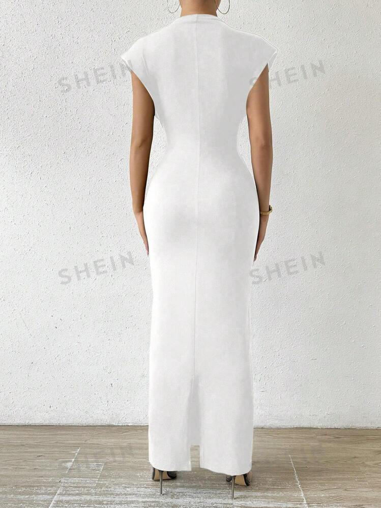 SHEIN Privé Casual Solid Color Stand Collar Slim Fit Fish Tail Long Dress For Spring And Summer | SHEIN