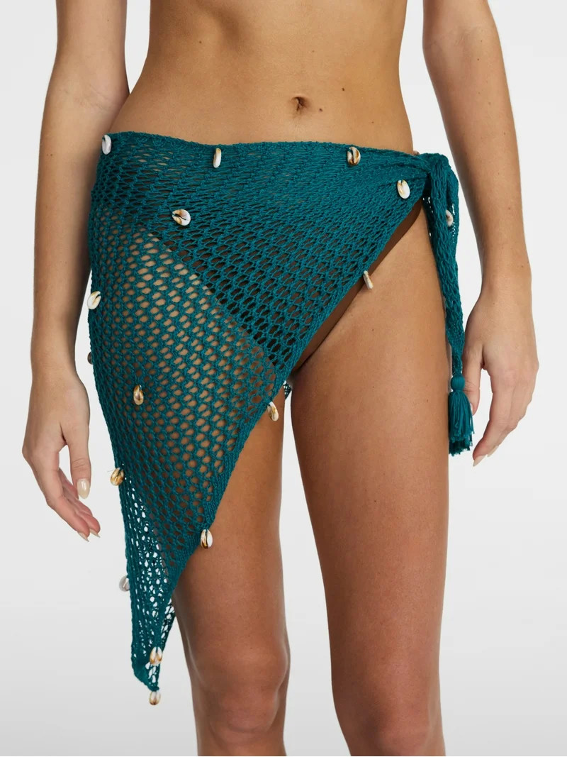 No Boundaries Fishnet Pareo with Faux Shells, One Size, Spruce Forest, Women's | Walmart (US)