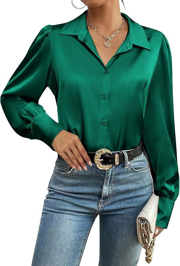 Zeagoo Womens Satin Blouse Lantern Long Sleeve Silk Button Down Shirt Dressy Casual Business Work... | Amazon (US)