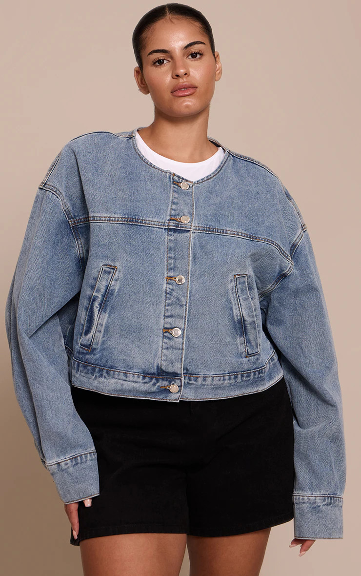 Plus Mid Blue Wash Collarless Cropped Denim Jacket | PrettyLittleThing US