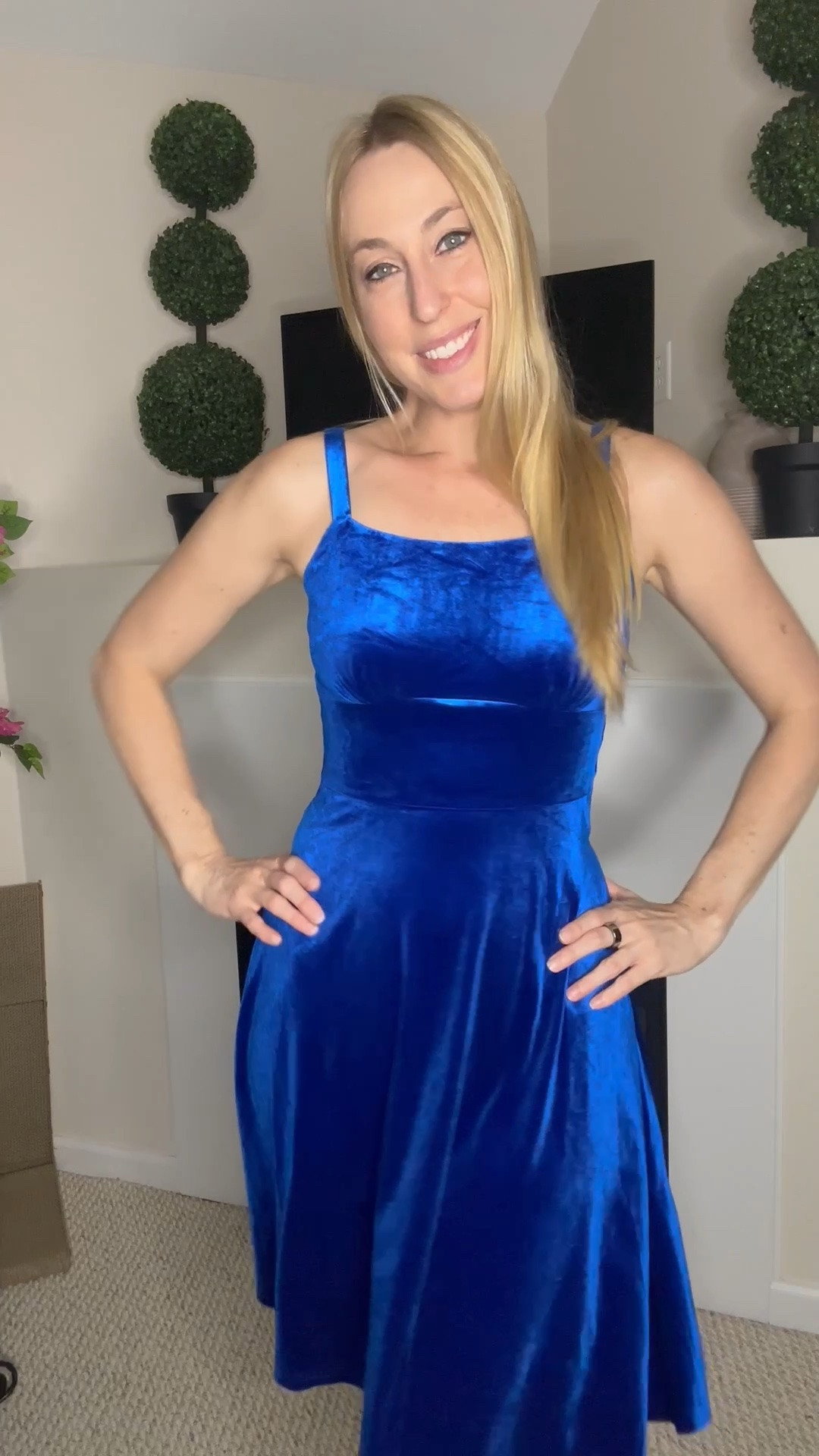 Royal blue velvet dress 
💙this dress is soft, gorgeous and warm
💙 i love the length and the style is so beautiful for wedding guests and holiday parties
💙wearing small in it, fits true to size and I am 5’10”

#LTKTall
