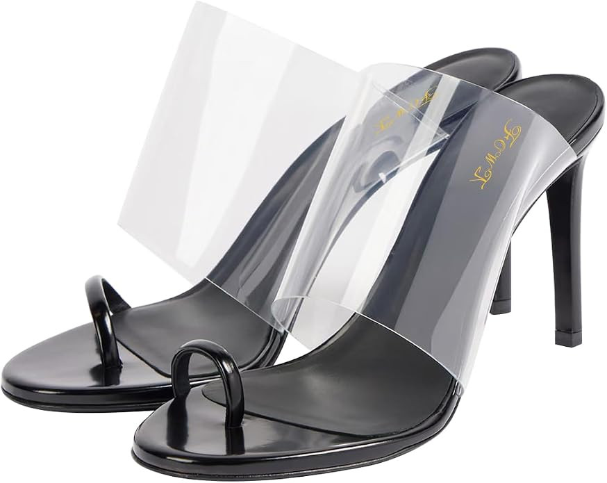 FOWT Women Open Round Toe Transparent Mules Toe Ring Slip on Thin High Heel Slide Sandals Sexy Su... | Amazon (US)
