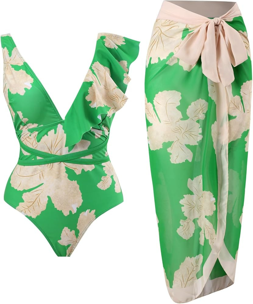 Women Swimsuits Abstract Printing Notched Square/V Neck Floral Vacation One Piece with Cover Up | Amazon (US)