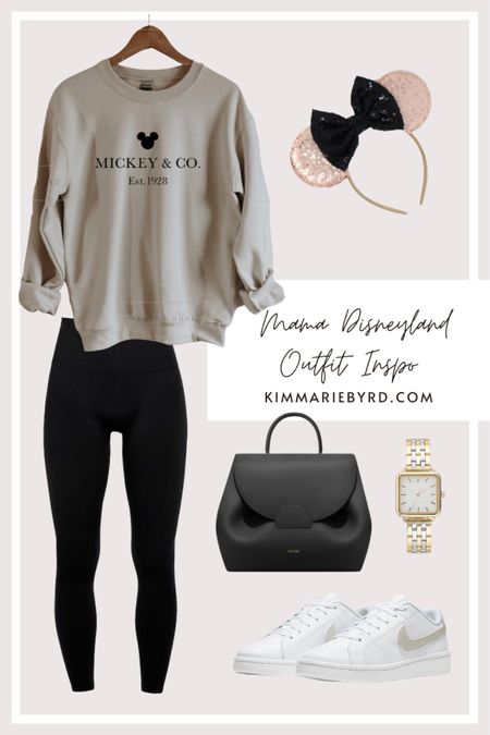 What to wear to Disneyland, mama edition. Stay comfy and look cool in my favorite oversized neutral Mickey Mouse sweatshirt, black leggings, Minnie ears and comfy shoes  

#LTKmidsize #LTKfindsunder100 #LTKstyletip