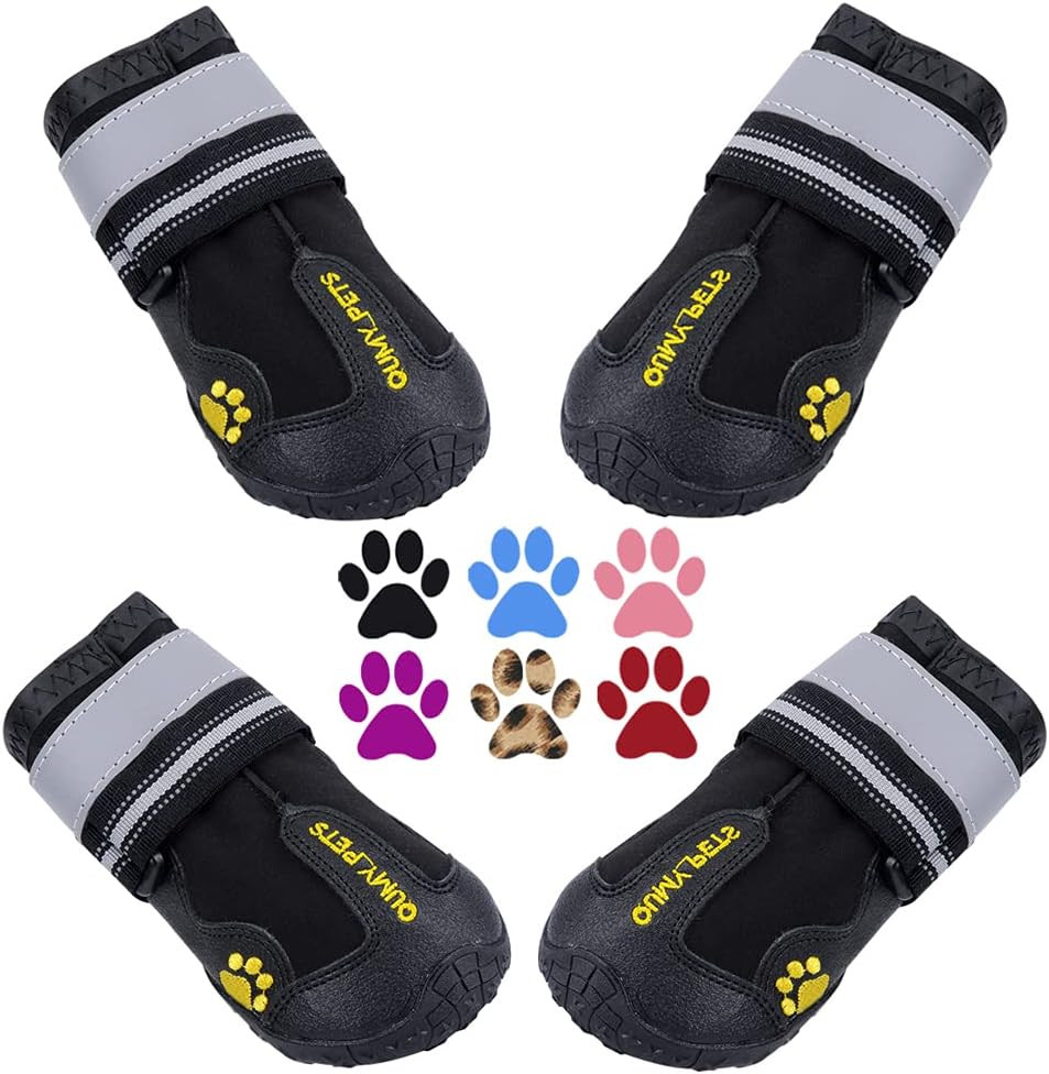 QUMY Dog Boots Waterproof Shoes for Dogs with Reflective Strips Rugged Anti-Slip Sole Black 4PCS | Amazon (US)