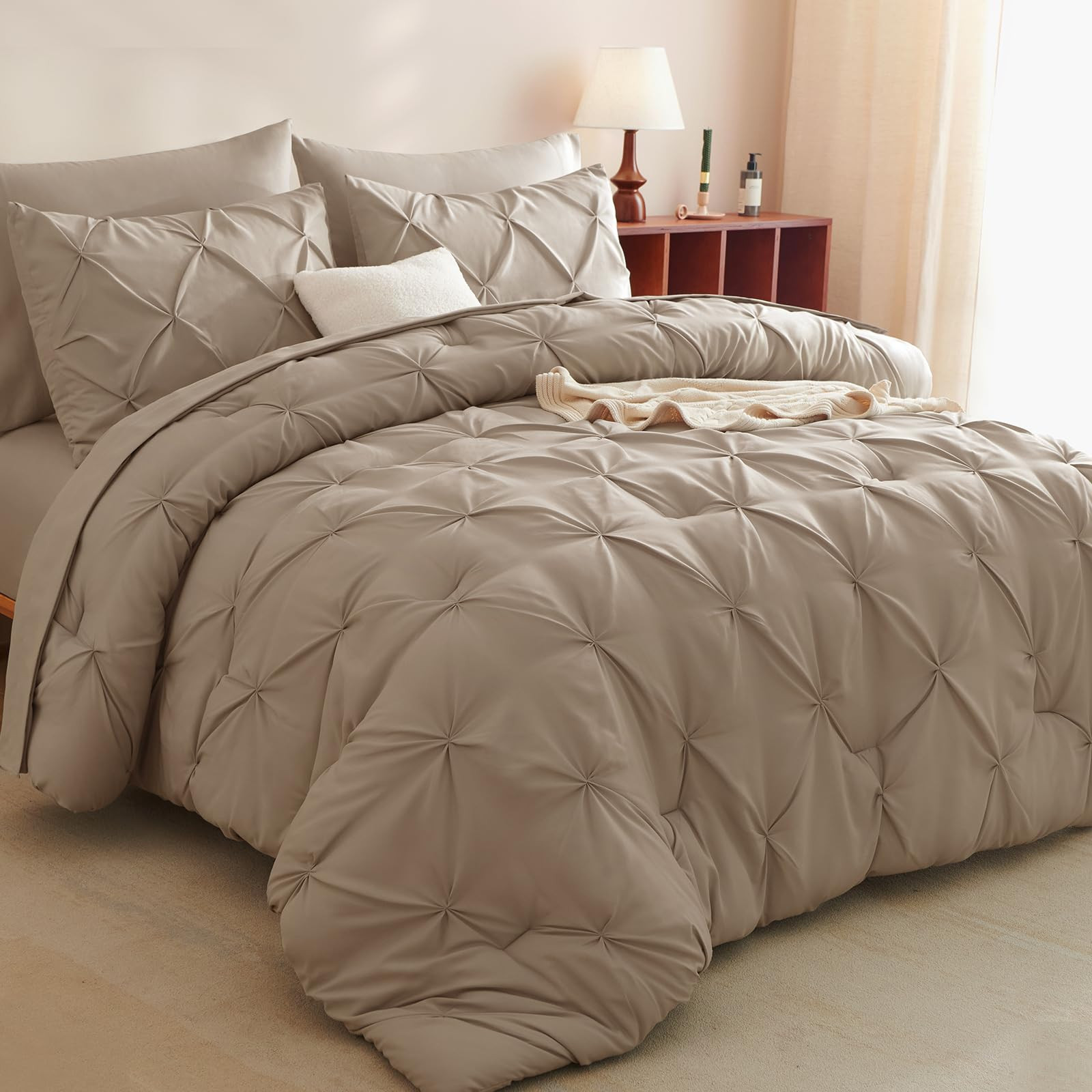 CozyLux King Size Comforter Set - 7 Pieces Bed in a Bag Khaki, Pintuck Comforters Pinch Pleat Bed... | Amazon (US)