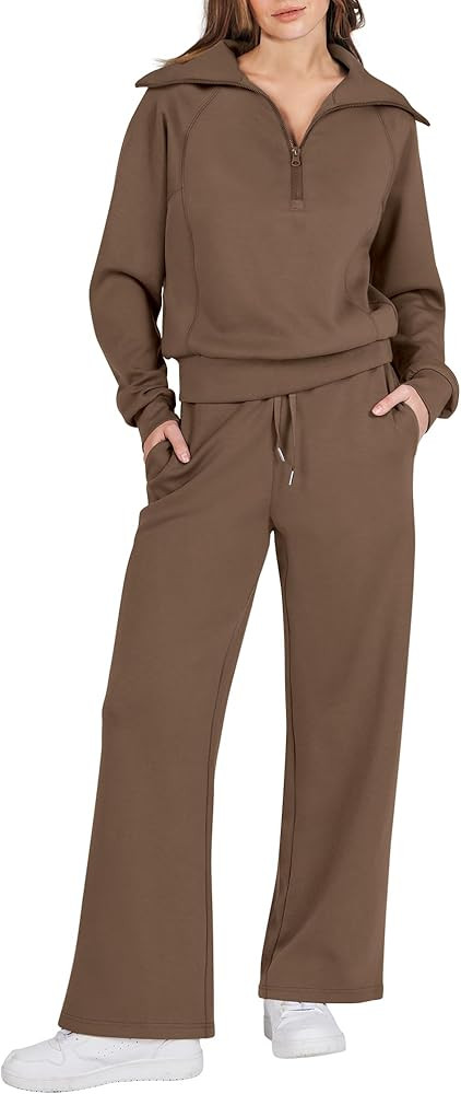 LOGENE Womens 2 Piece Sweatsuits Lounge Joggers Sets Half Zip Sweatshirts with Wide Leg Sweatpant... | Amazon (US)