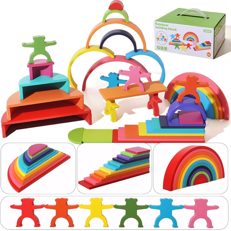 40-Piece Wooden Rainbow Stack Set, 4-in-1 Building Blocks preschoolers Early Development & Activi... | Amazon (US)