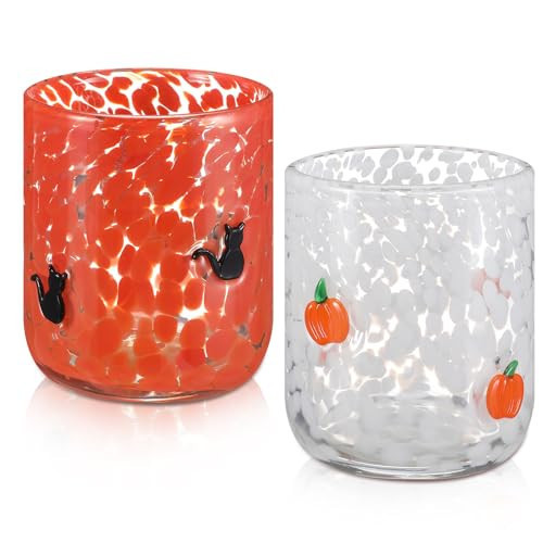 Skylety 2 Pcs Halloween Icon Juice Glasses - Orange Pumpkin & Black Cat Icon Stemless Coffee Cocktail Glassware Cup for Halloween Fall Thanksgiving Party Gift | Amazon (US)