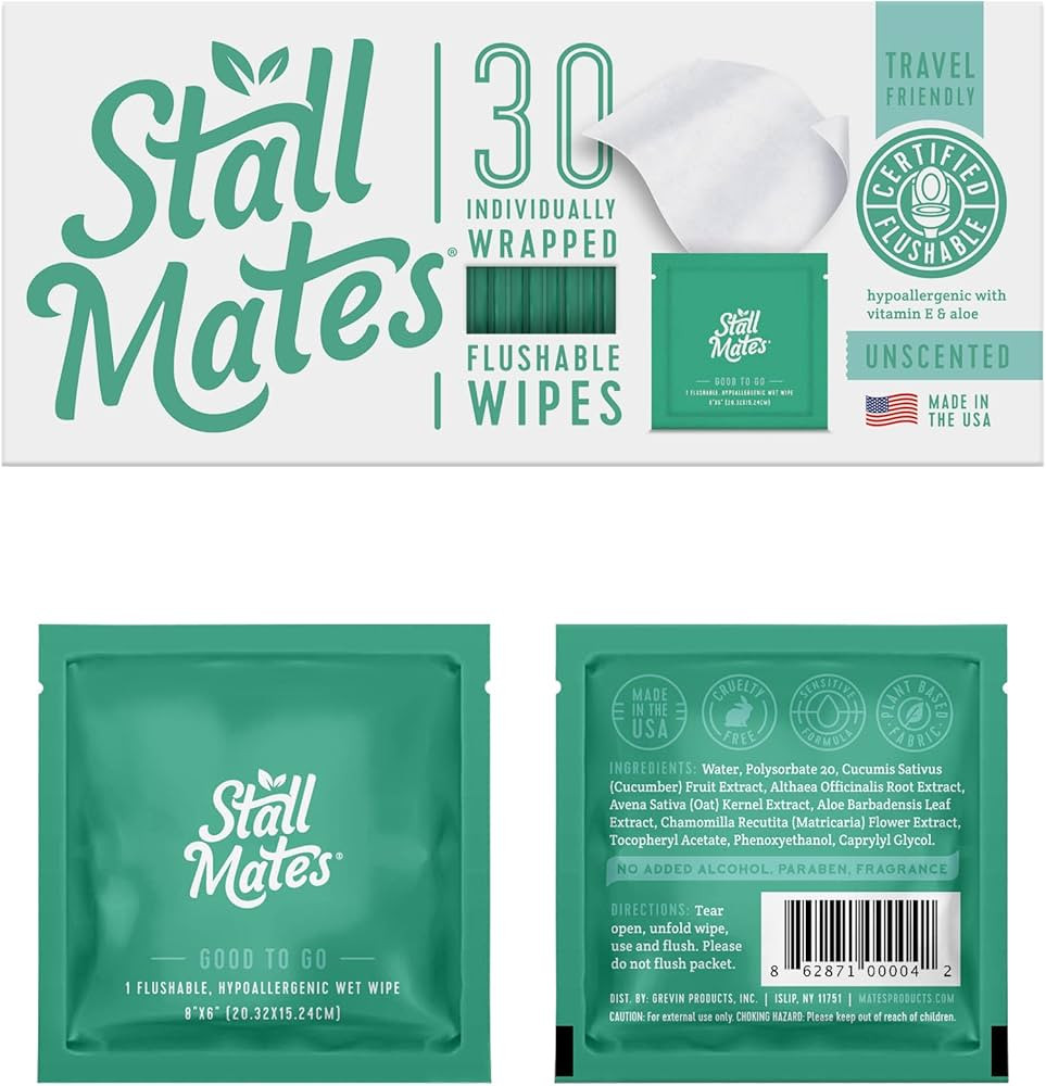 Stall Mates Wipes: Flushable, individually wrapped wipes for travel. Unscented with Vitamin-E & A... | Amazon (US)