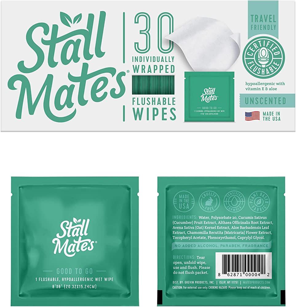 Stall Mates Wipes: Flushable, individually wrapped wipes for travel. Unscented with Vitamin-E & A... | Amazon (US)