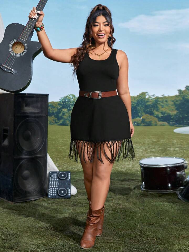 ROMWE PUNK Plus O-ring Cut Out Fringe Hem Halter Neck Backless Dress | SHEIN