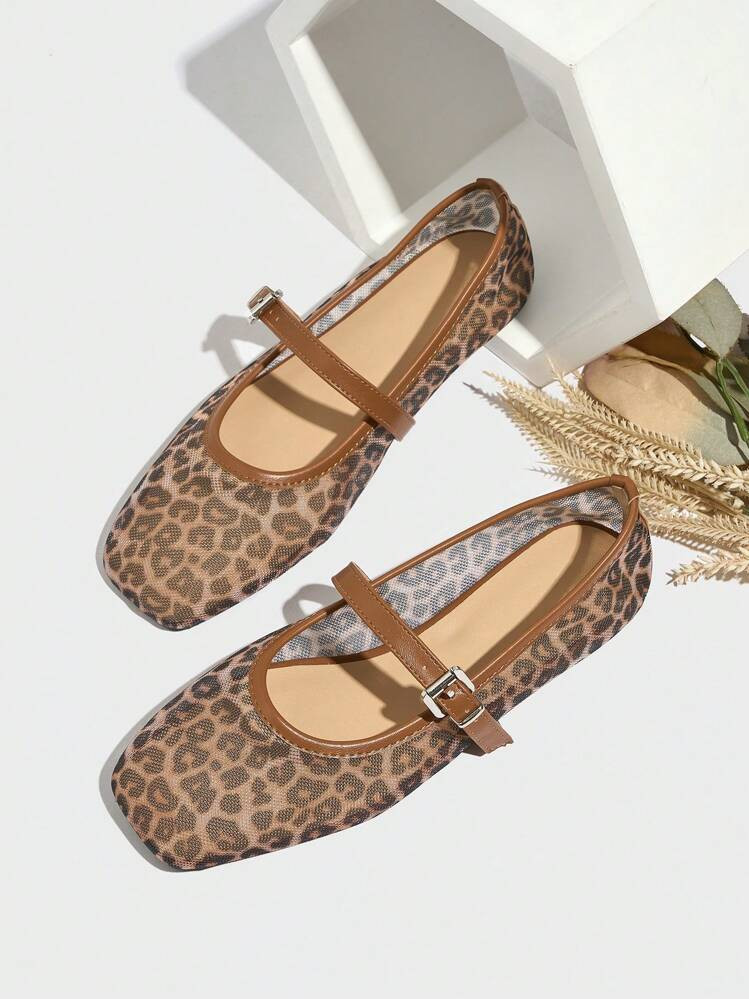 Leopard Print Mesh Breathable Women's Flat Sandals, Mary Jane Ballet Flats, Lightweight & Comfortable Square Toe Hollow-Out Casual Slip-On Shoes | SHEIN