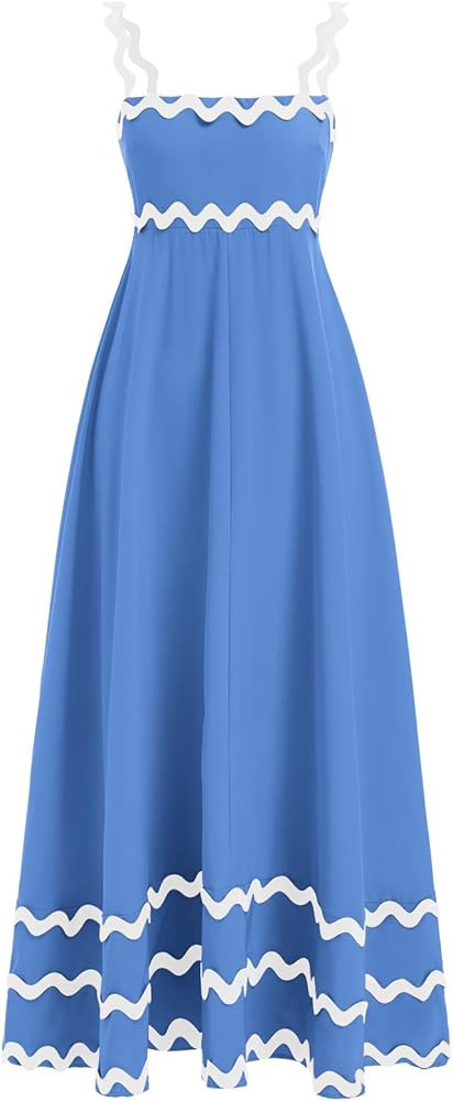 ODIZLI Women's Summer Spaghetti Straps Sleeveless Smocked Sundresses Rickrack Trim Ruffle Long Ma... | Amazon (US)