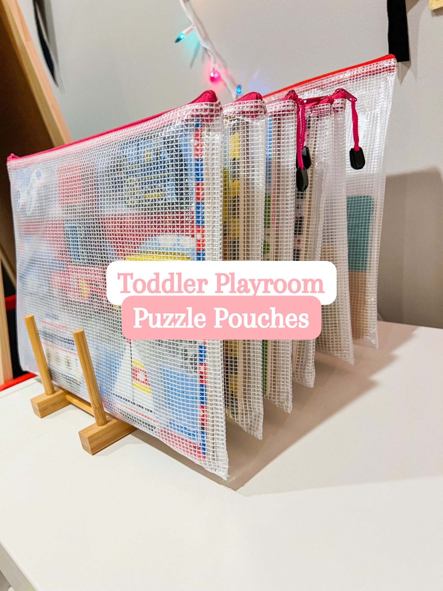 Puzzle Pouch Organization 🧩 We love puzzles in our house but have struggled with how to keep all of the pieces from getting lost - until now! These mesh zipper pouches are amazing for all kinds of stuff but they are absolutely PERFECT for storing puzzles! We then stick them into a plate holder that doubles as a puzzle rack. 👌🏼

#LTKhome #LTKkids #LTKfamily