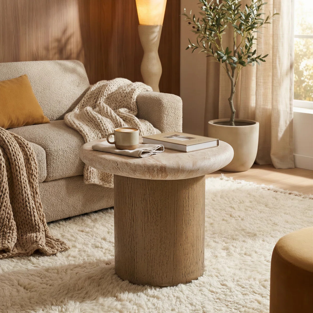 Marbello Nesting Table with Travertine Effect Concrete Top and Faux Wood Pedestal Indoor Outdoor ... | Wayfair North America